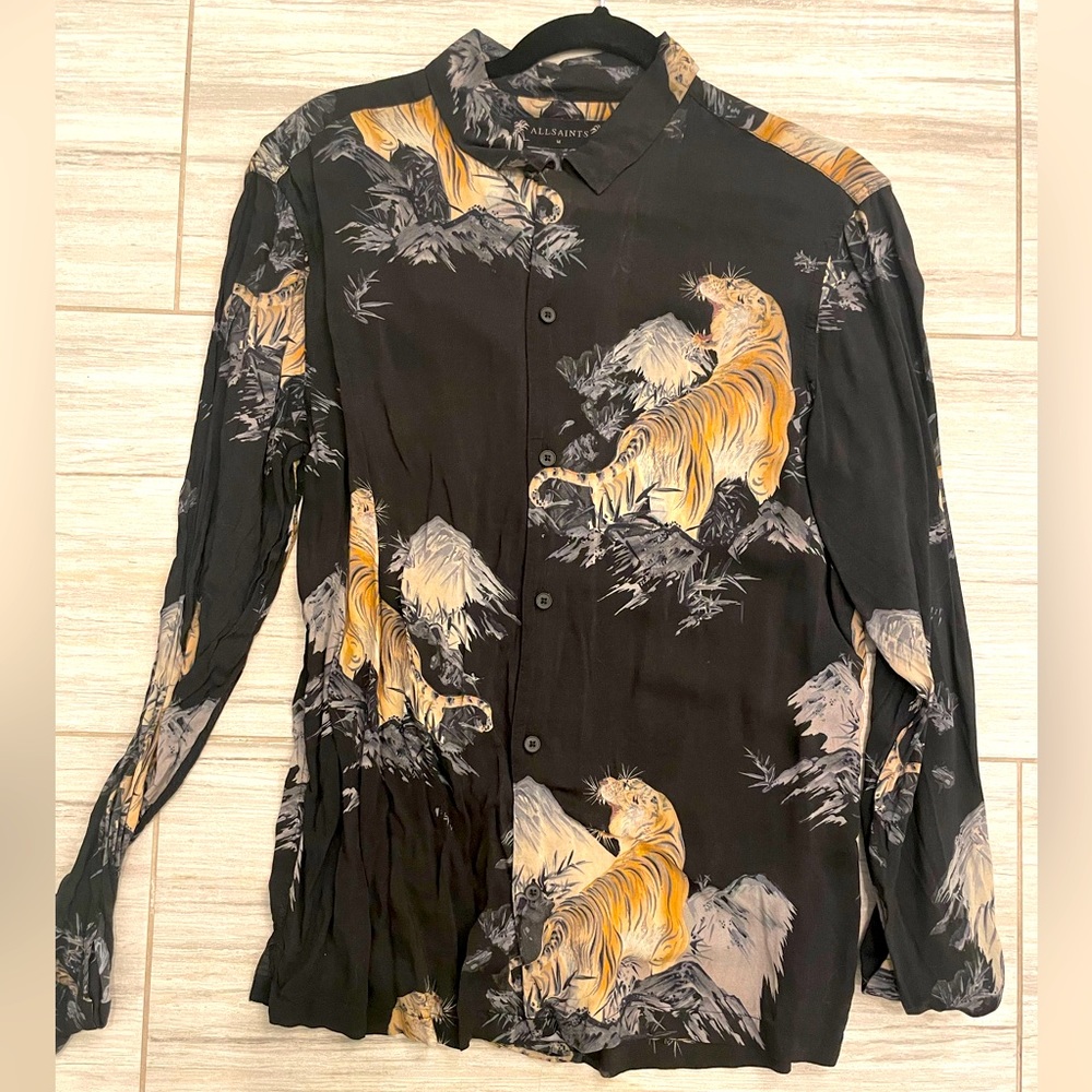 ALLSAINTS Kayan Tiger Print Long Sleeve Slim Fit Button-Down Shirt M